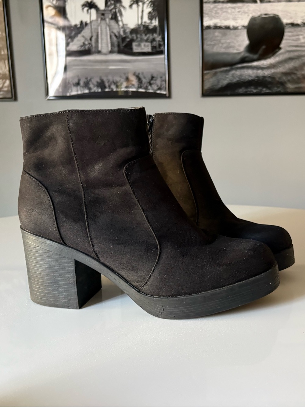 Joe Boxer Black Suede Platform Block Heel Ankle Boots